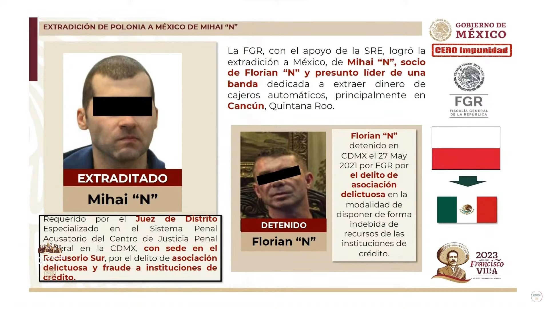 Miahi "N" y Florian "N", integrante de una mafia rumana con incidencia en México. Foto: Gobierno de México
