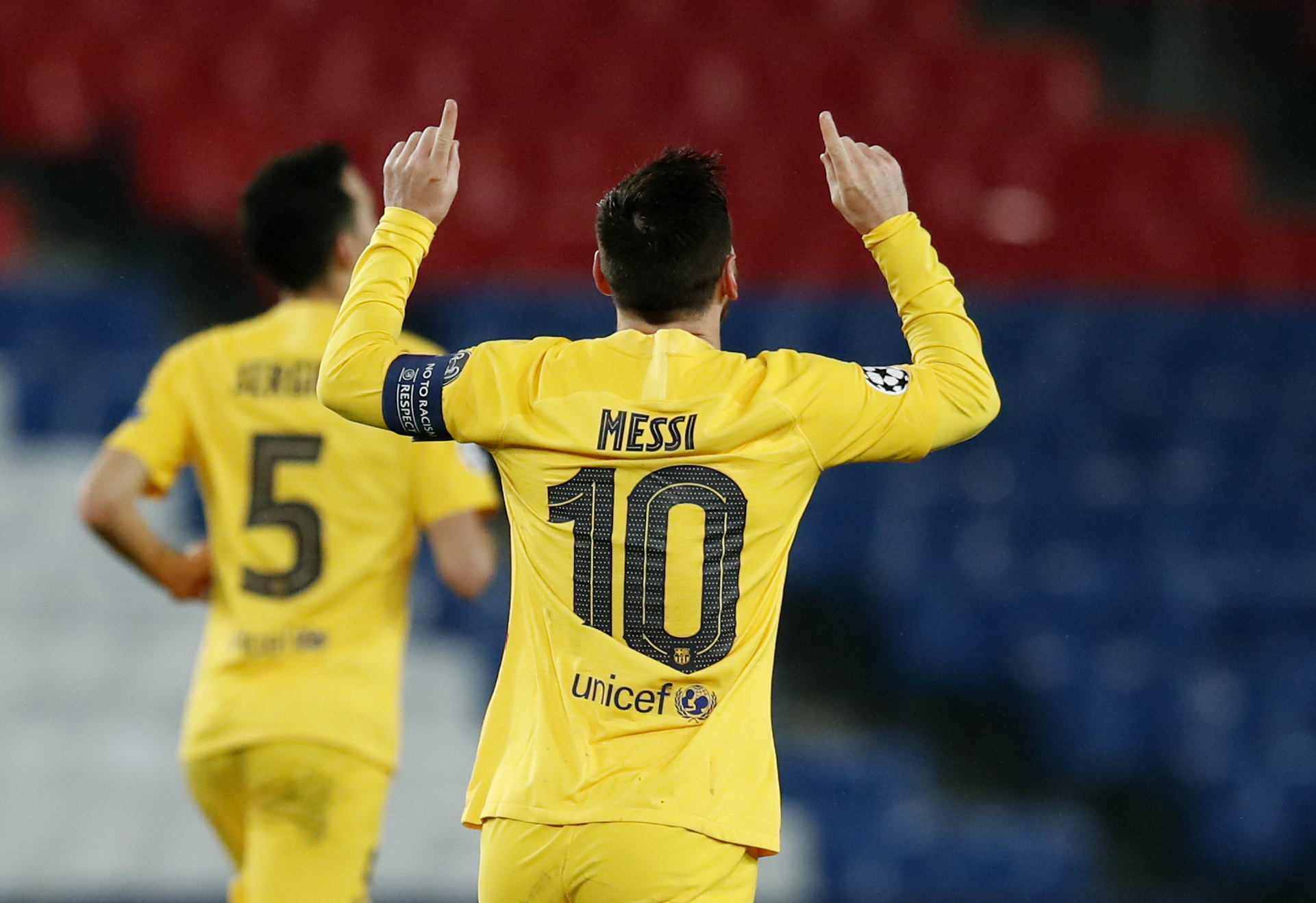 Soccer Football - Champions League - Round of 16 Second Leg - Paris St Germain v FC Barcelona - Parc des Princes, Paris, France - March 10, 2021 Barcelona's Lionel Messi celebrates scoring their first goal REUTERS/Gonzalo Fuentes