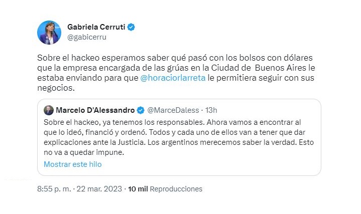 Gabriela Cerruti reaccionó a los tuits de Marcelo D'Alessandro anunciando su renuncia