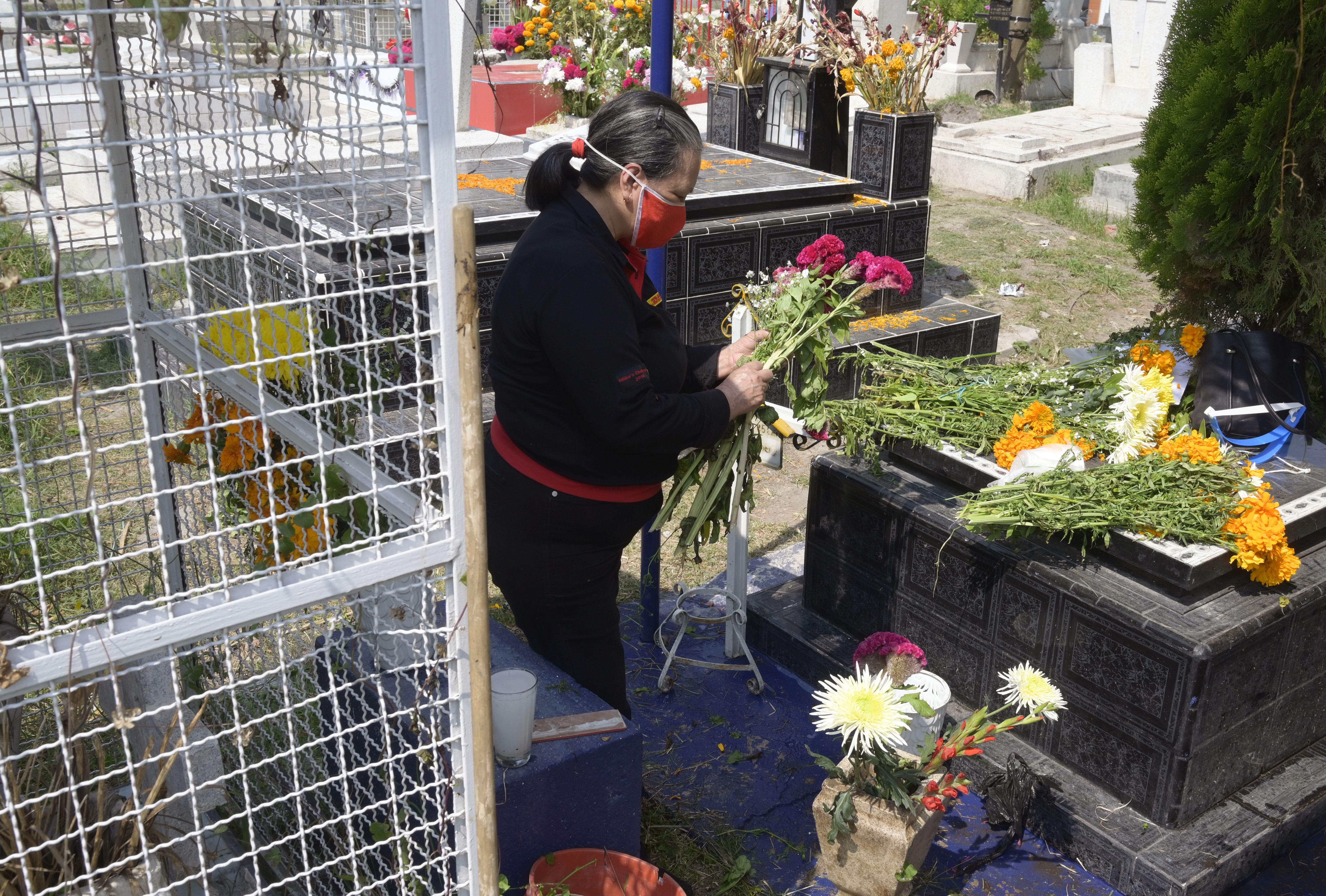 Una mujer decora la tumba de un familiar antes del Día de Muertos en el Panteón San José, en la Ciudad de México el 28 de octubre de 2020.