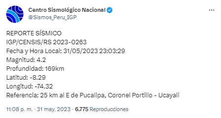 Details of the earthquake registered in Coronel Portillo, Ucayali.|  PGI