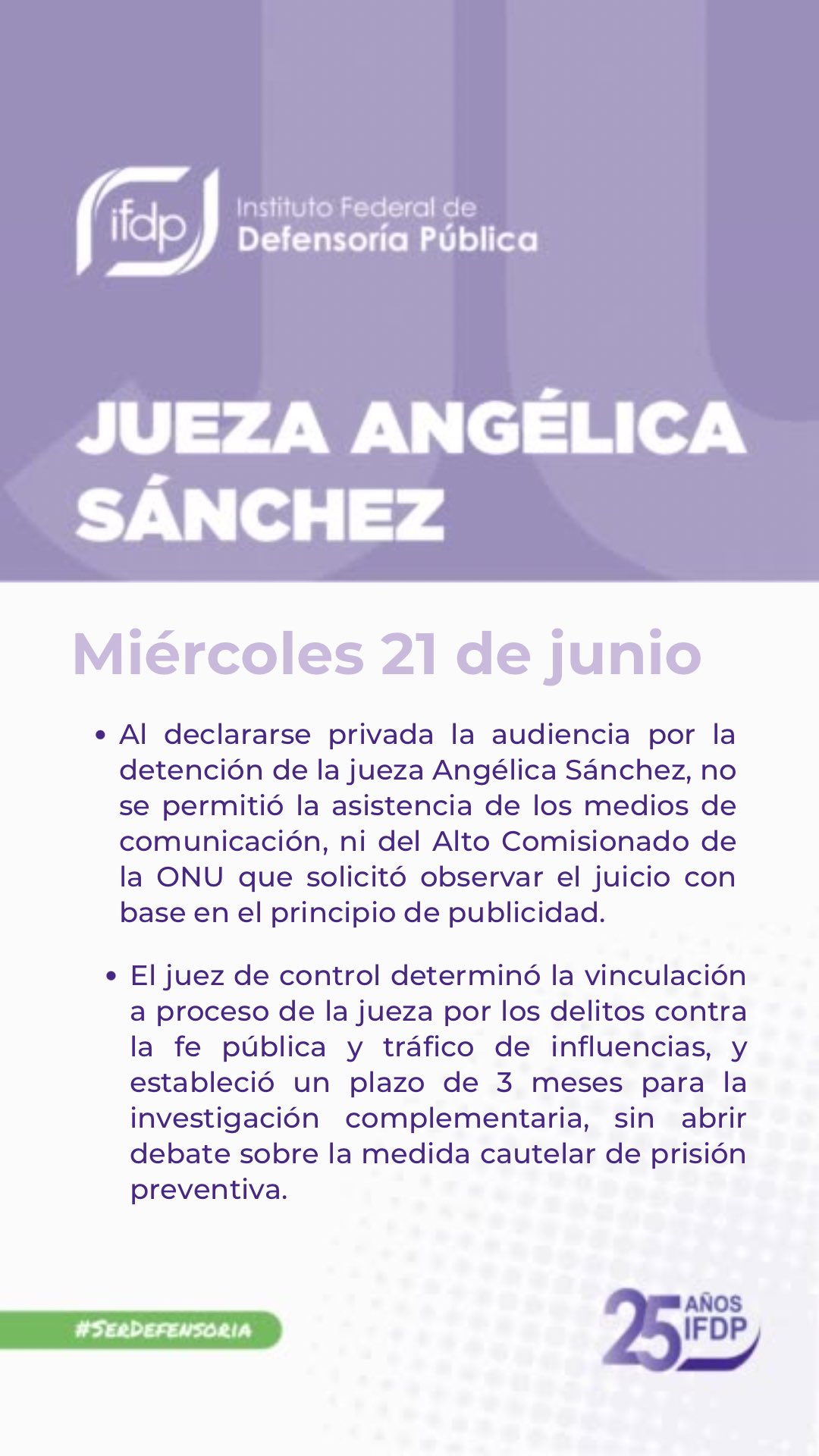 El IFDP dio a conocer que vincularon a proceso a la jueza Angélica Sánchez (Twitter/@defensoriaifdp)