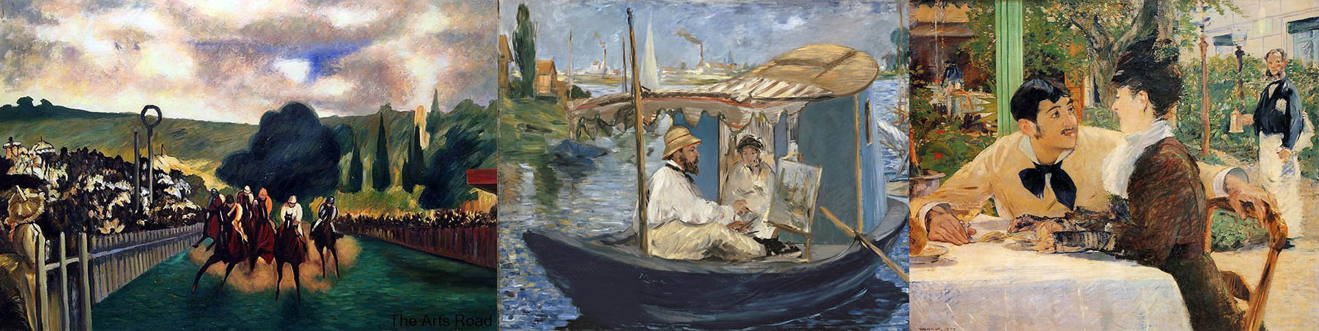 "Carreras de Longchamp", "Claude Monet con su esposa en su estudio flotante" y "Pareja en el Pere Lathuille"