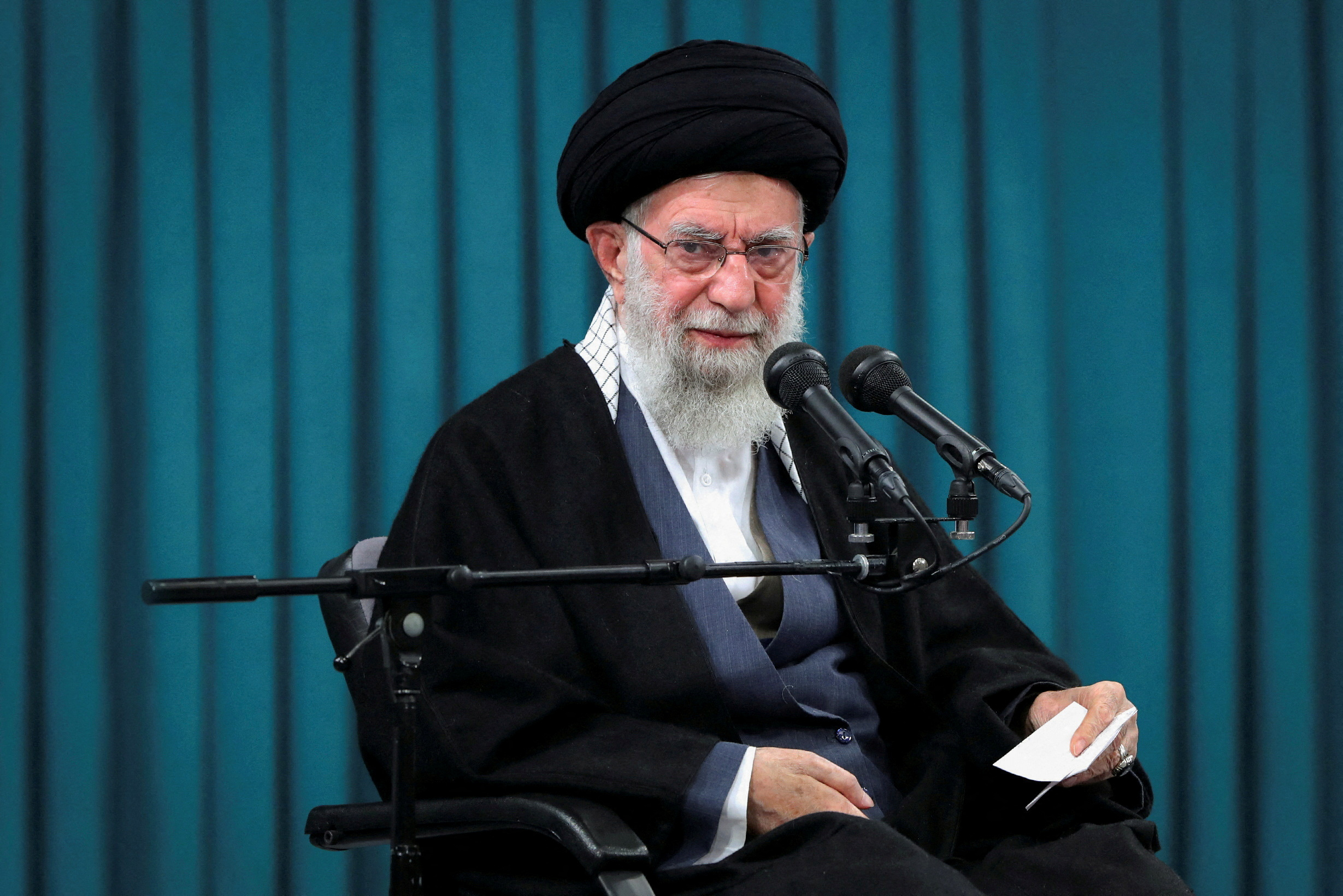 Iran's Supreme Leader Ayatollah Ali Khamenei speaks during a meeting with a group of eulogists in Tehran