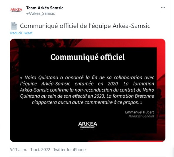 Comunicado del Arkéa Samsic sobre desvinculación de Nairo Quintana.   Tomado de Twitter.