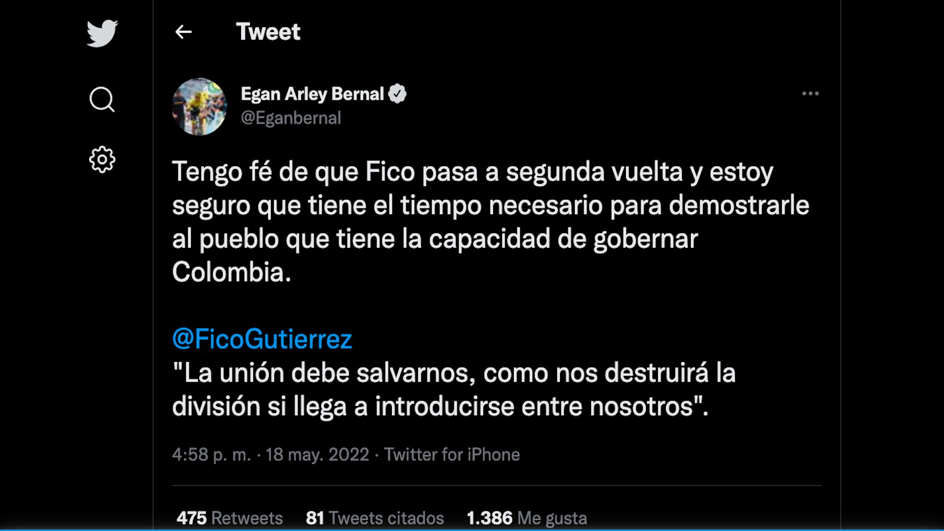 Egan Bernal vuelve a apoyar la candidatura a la presidencia de Federico Gutiérrez vía Twitter / (Twitter: @Eganbernal)