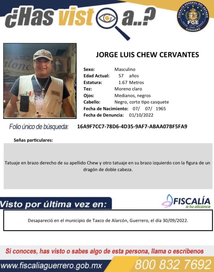 Jorge Luis Chew Cervantes es uno de los pocos periodista que cubre nota roja en Taxco de Alarcón (Foto: Fiscalía Guerrero)