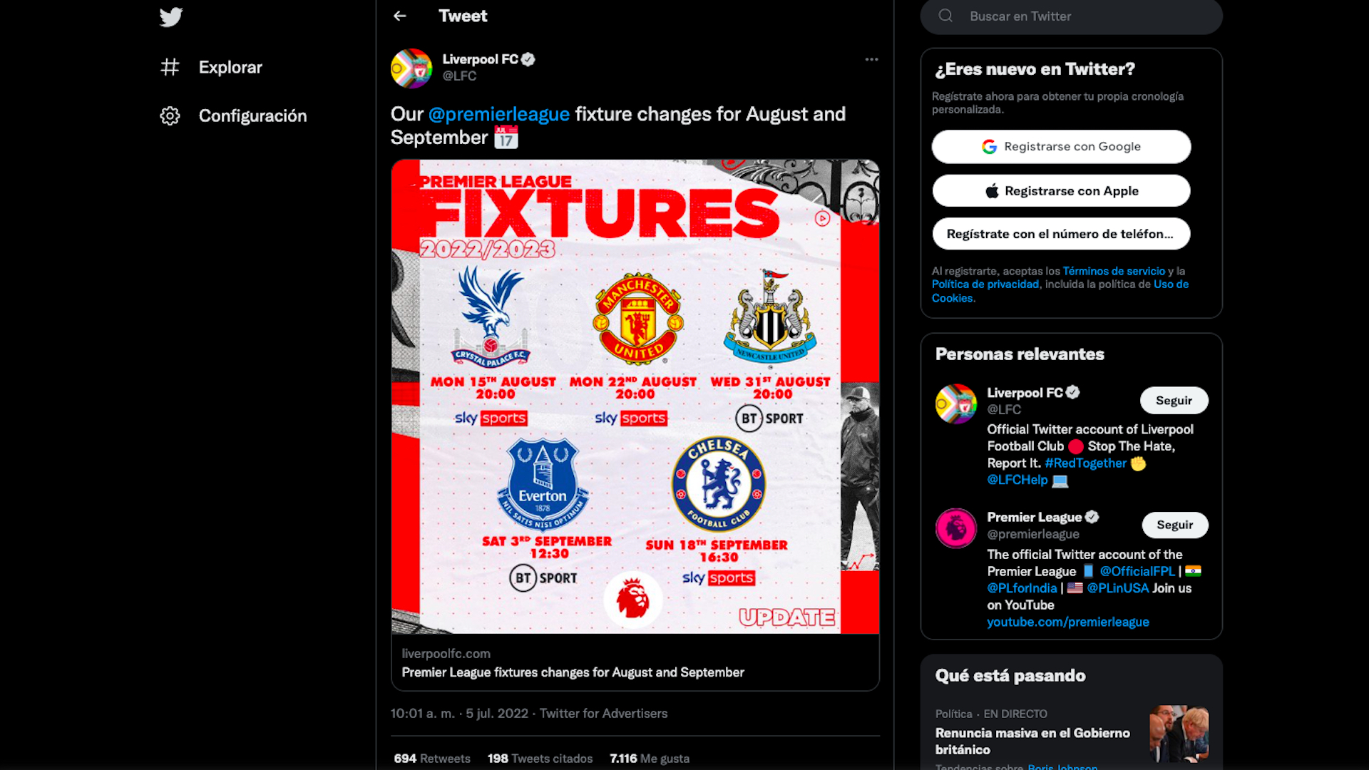 Modificaciones en el fixture de Liverpool para la campaña 2022/23 en agosto y septiembre / (Twitter: @LFC)