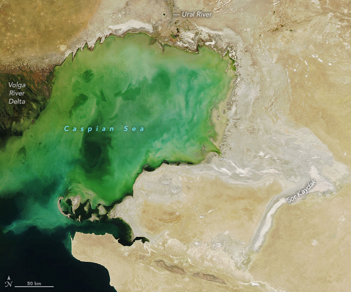 El Mar Caspio es el mayor lago sin salida al mar del mundo, con una superficie mayor que la de Japón. Su nivel de agua del Caspio ha ido descendiendo desde mediados de los años noventa/NASA Earth Observatory images by Lauren Dauphin