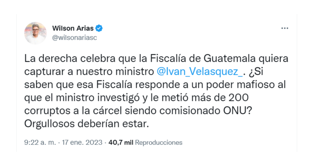 Según la Fiscalía del país Centroamericano, el actual ministro de Defensa habría participado en un plan para robar 384 millones de dólares. Crédito: @wilsonariasc / Twitter