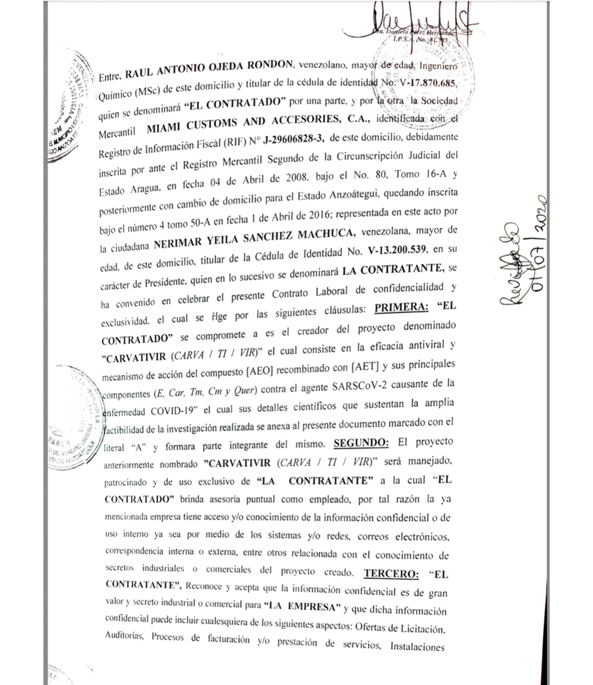 El acuerdo de confidencialidad que firmó Raúl Ojeda Rondón