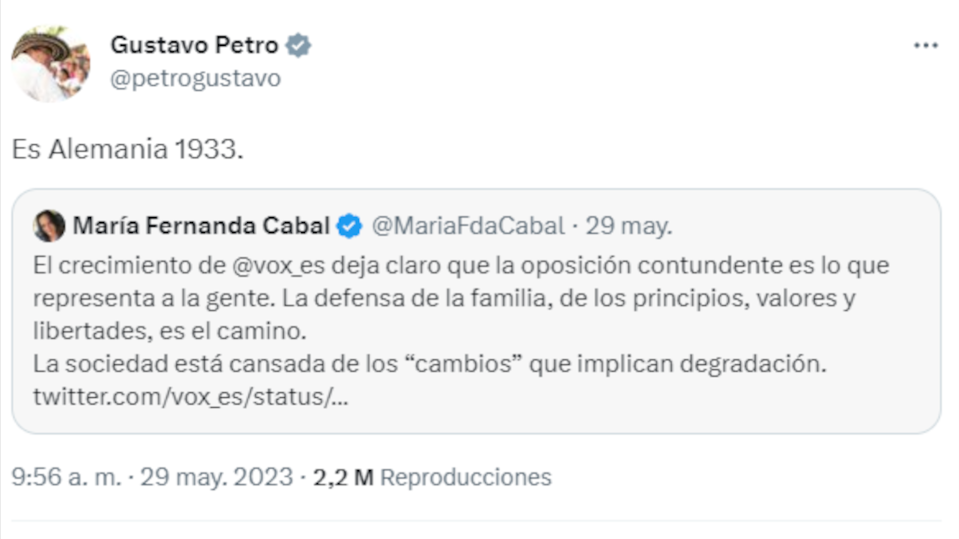 Petro a María Fernanda Cabal sobre el triunfo de Vox en España.  (Captura de pantalla)
