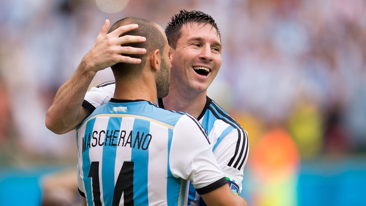 Strictly Editorial Use Only - No MerchandisingMandatory Credit: Photo by Ben Queenborough/BPI/Shutterstock (3869935n)Lionel Messi of Argentina celebrates scoring a goal with Javier Mascherano after making it 2-1Nigeria v Argentina, 2014 FIFA World Cup, Group F, Estadio Beira-Rio, Porto Alegre, Brazil - 25 Jun 2014