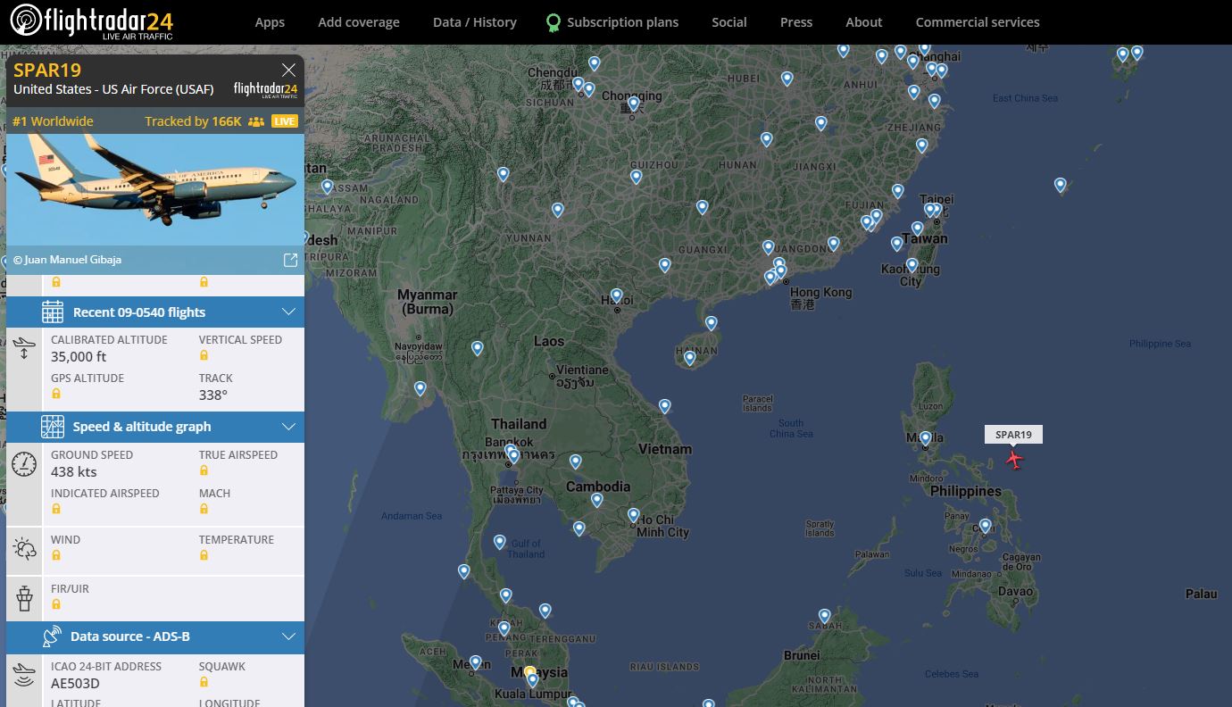 El trayecto del Boeing C-40 de la Fuerza Aérea de los Estados Unidos que traslada a Nancy Pelosi a Taiwán (FlightRadar24)