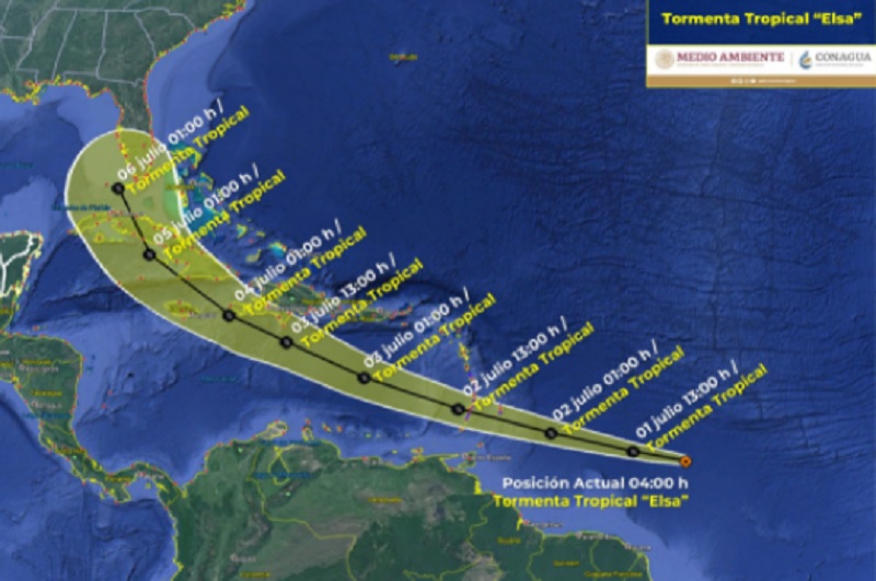 Entre el 4 y el 5 de julio, Elsa cambiará ligeramente su trayectoria y empezará a moverse hacia el noroeste, dirigiéndose hacia Cuba (Foto: SMN/Conagua Clima)