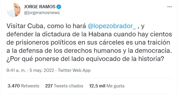 El periodista cuestionó al mandatario mexicano de qué lado de la historia quiere estar
Tweet:
TW @jorgeramosnews