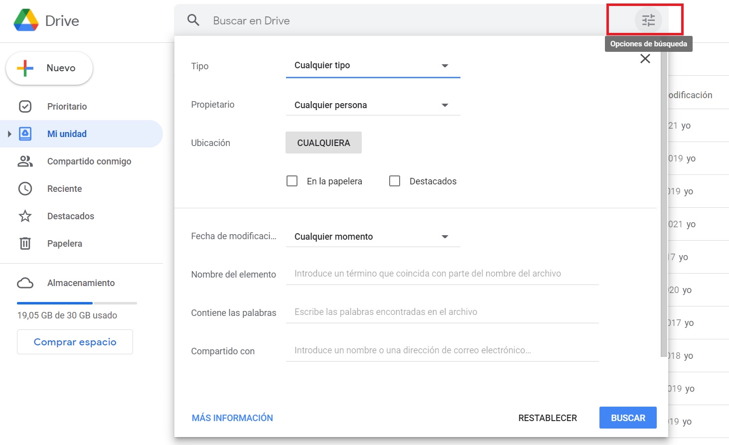 Google Drive ofrece muchas opciones para filtrar las búsquedas de contenido