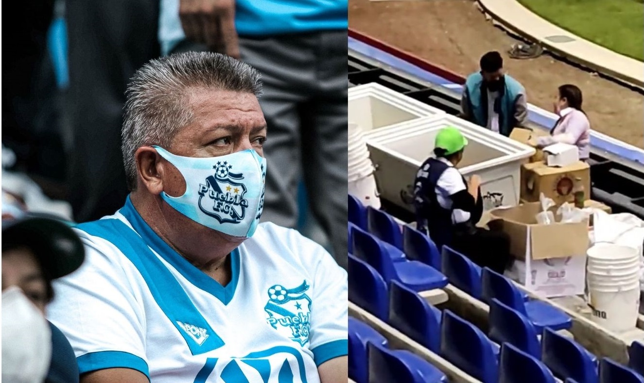 Afición denunció a vendedora de reutilizar vasos usados en el Estadio Cuauhtémoc de Puebla (Foto: Twitter/@ClubPueblaMX//@pepehanan)