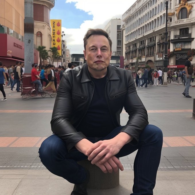 Fotografía falsa producida por Midjourney de Elon Musk en Plaza Callao, en Madrid. El letrero amarillo y la bicicleta a la izquierda del empresario presentan ilegibilidad y deformidades, lo que permite identificar la fotografía como generada por inteligencia artificial. (Twitter/@earcos)