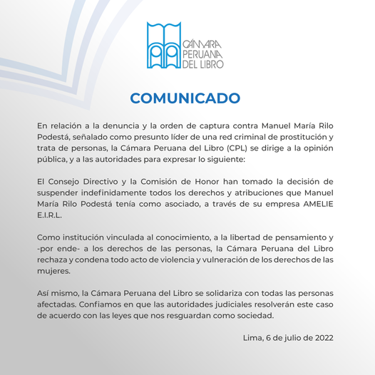 La Cámara Peruana del Libro (CPL) separó a Manuel Riló Podestá como asociado, aunque se demoró. (CPL)