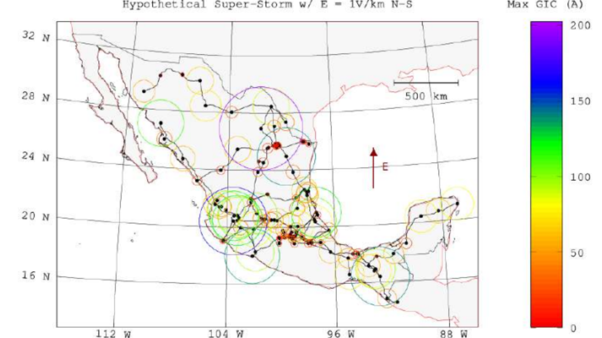 Mapa de modelo sobre los niveles de 
'corrientes geomagnéticamente inducidas' (GIC´s por su acrónimo en inglés)  en una super tormenta hipotética. (captura de pantalla de informe del LANCES y Instituto de Geofísica Unidad Michoacán de la mano con la UNAM)