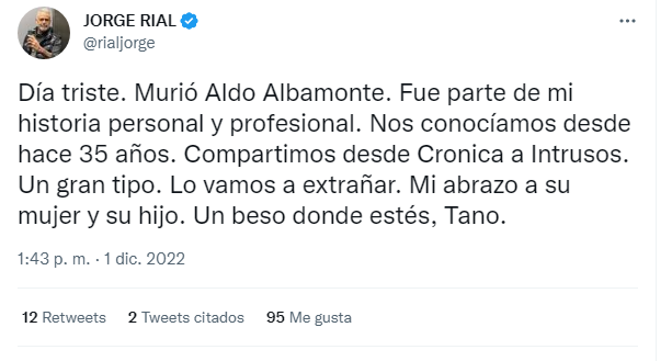 La despedida de Jorge Rial a Tano Albamonte