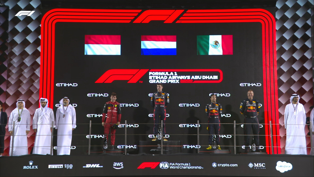 Max Verstappen conquistó el podio de Abu Dabi, seguido de Charles Leclerc y Checo Pérez. (F1)