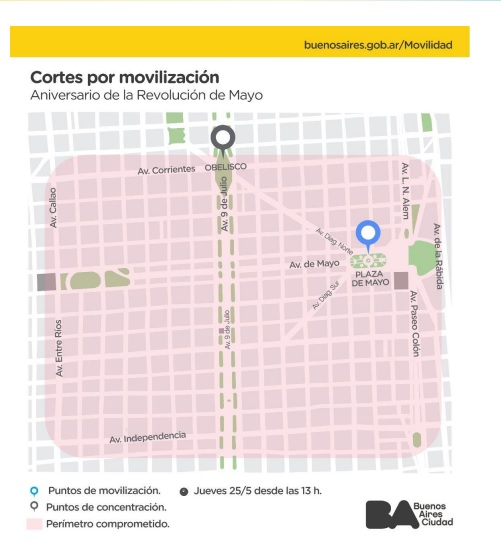 Mapa de cortes de calles, en las inmediaciones de Plaza de Mayo