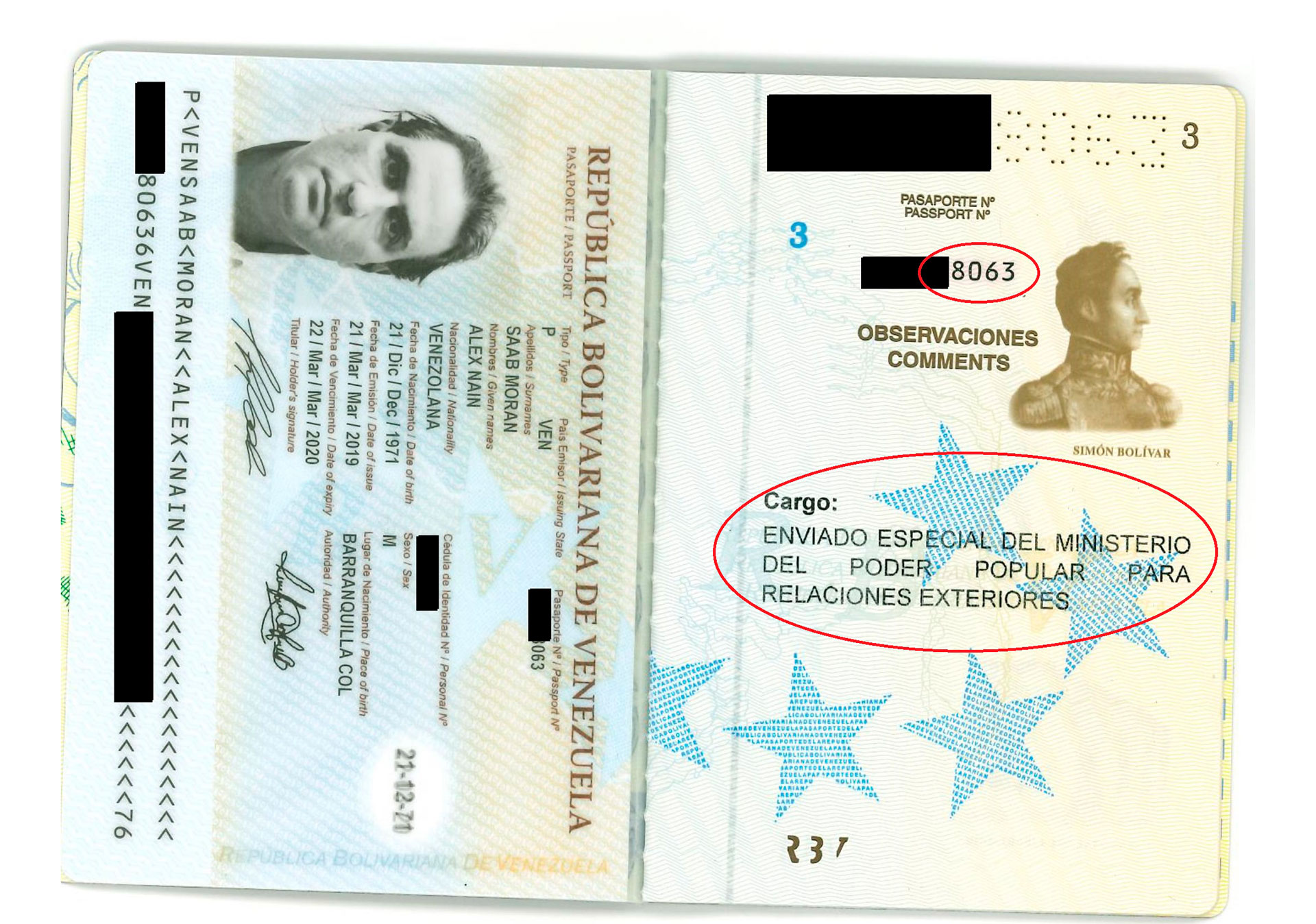 El número del pasaporte mostrado por los abogados de Saab es 8063