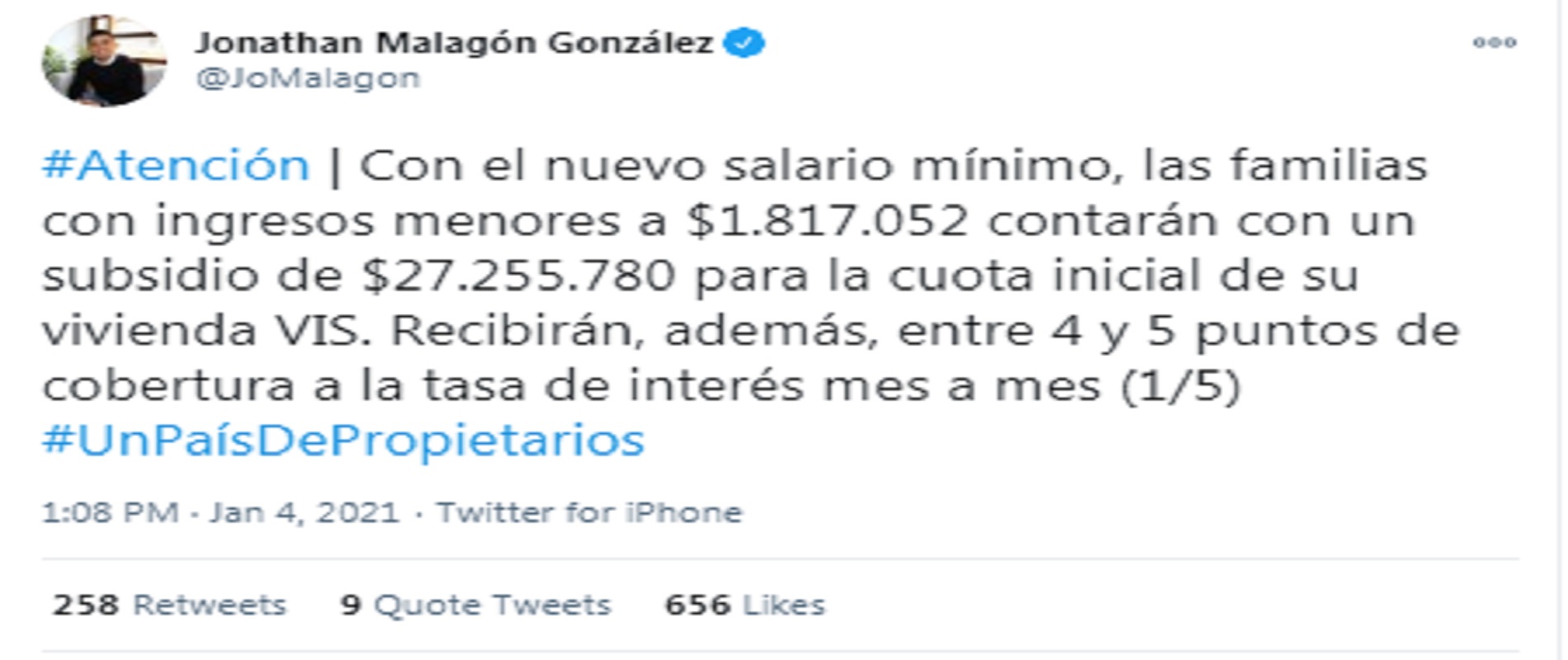 Minvivienda Malagón anunció tasa de subsidios para adquirir vivienda en Colombia.
Crédito Twitter @JoMalagon