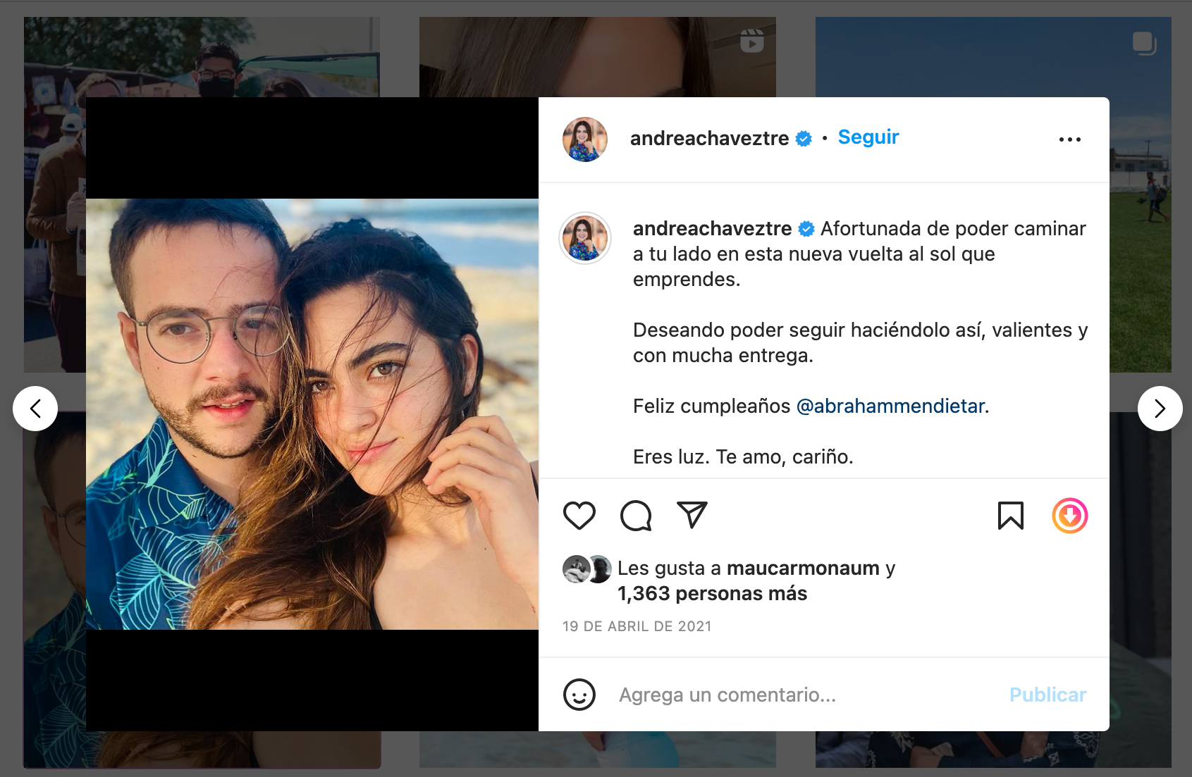La pareja han compartido parte de su día a día en las redes sociales (Foto: Instagram/@andreachaveztre)