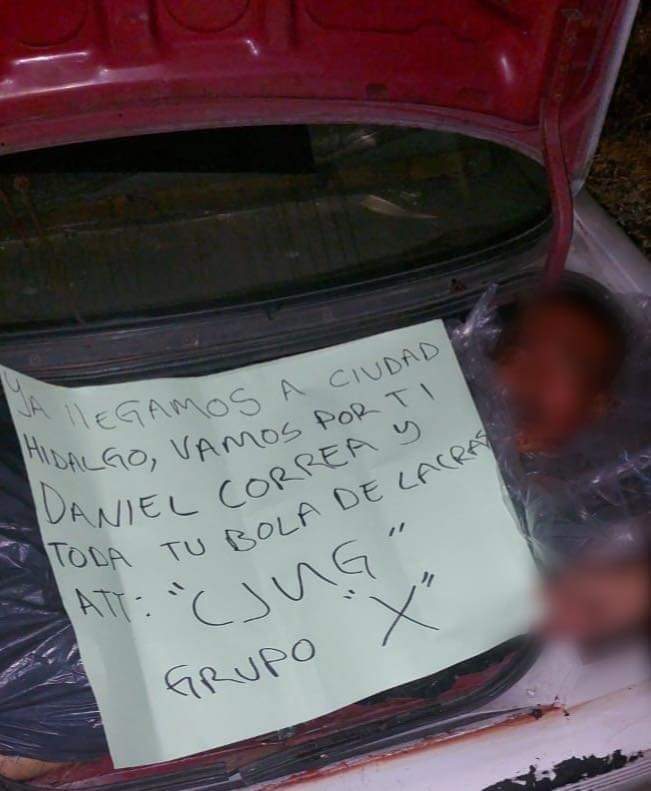 El Grupo X, supuestamente asociado al CJNG, firmó la cartulina con siete cuerpos descuartizados en Ciudad Hidalgo (Foto: Especial)