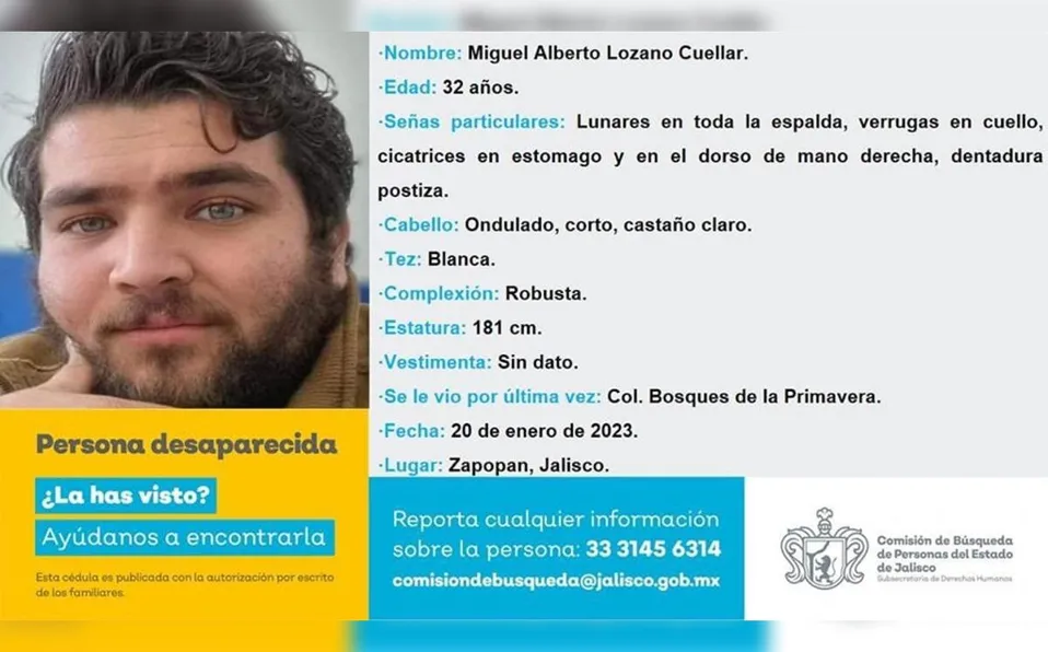 Luego, de 8 días de búsqueda, autoridades de Jalisco confirmaron la muerte de Miguel Alberto (Foto: Comisión de Búsqueda de Personas de Jalisco)