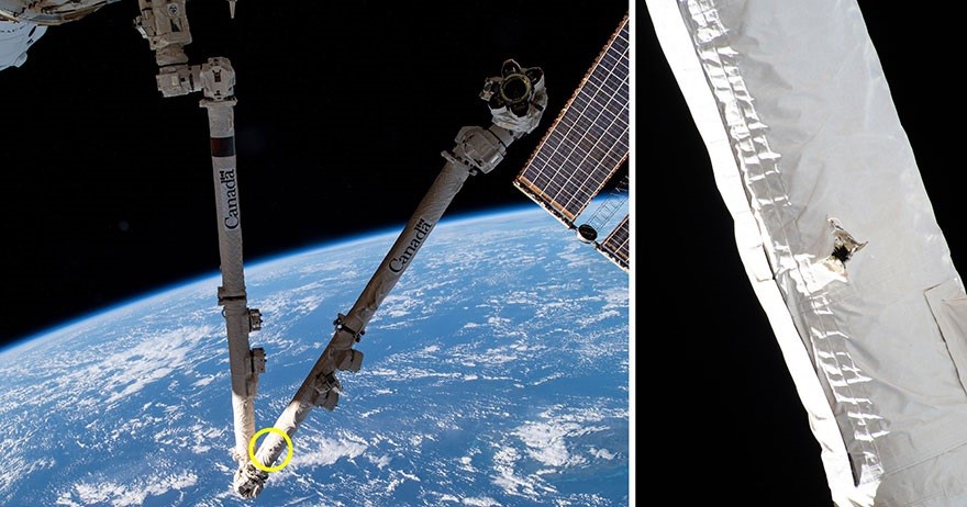 Uno de los segmentos del brazo robótico Canadarm2, instalado en el exterior de la Estación Espacial Internacional, presenta un agujero de impacto de desechos orbitales, que no afectan a su funcionamiento (POLITICA INVESTIGACIÓN Y TECNOLOGÍA NASA/CANADIAN SPACE AGENCY)
