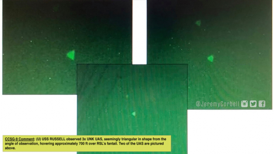 Imágenes fijas de video grabado por la Marina de los EE. UU. Que muestran UAP en forma de pirámide volando sobre el USS Russell. (Imagen obtenida por @JeremyCorbell)