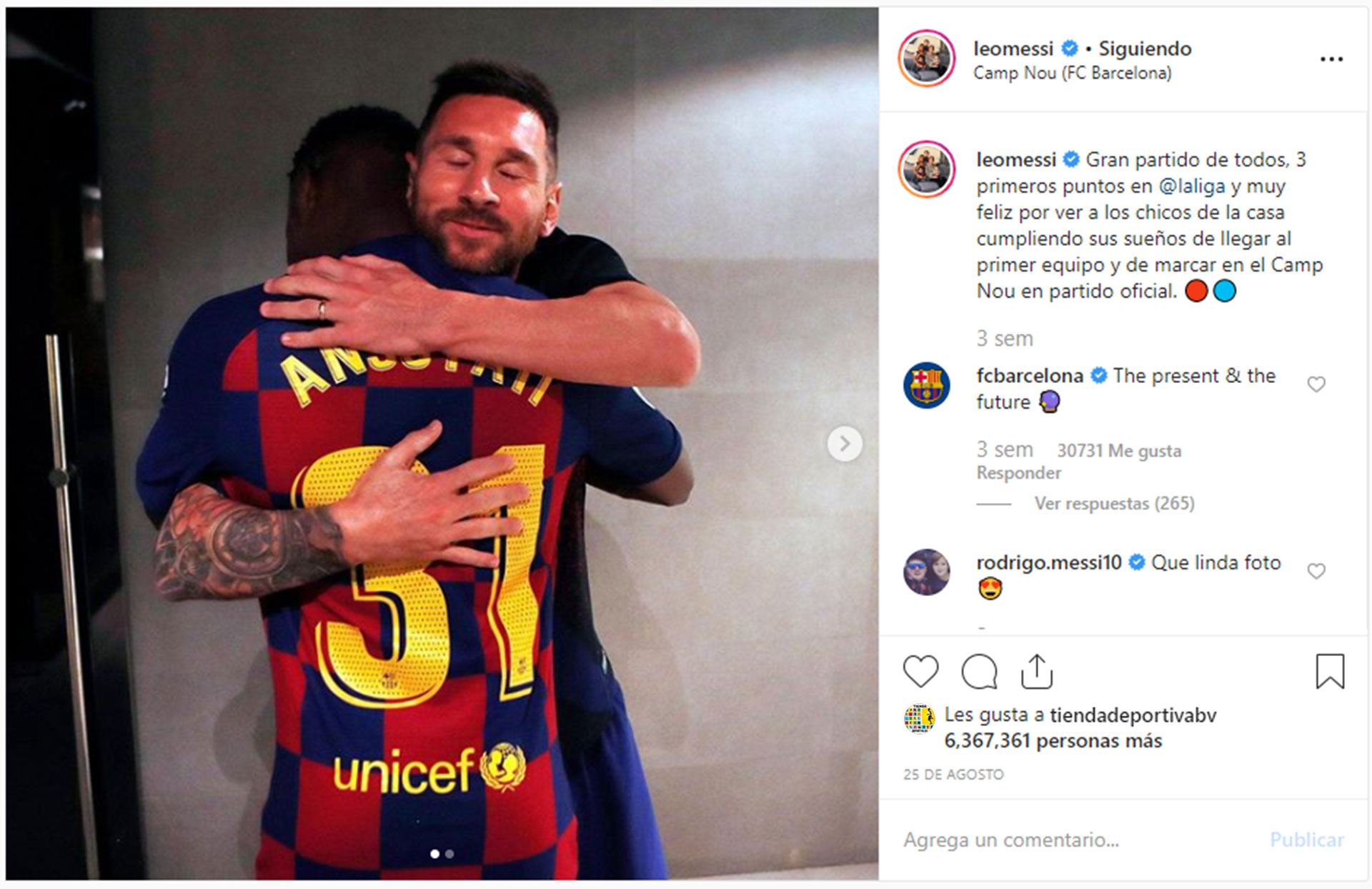 El posteo de Lionel Messi tras el debut de Fati 