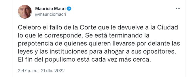 El tuit de Macri sobre el fallo de la Corte Suprema de Justicia 