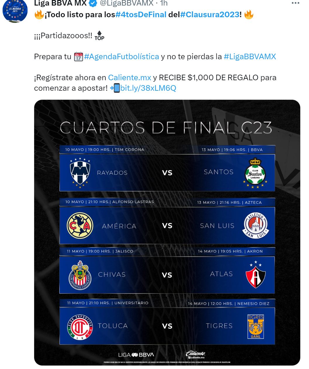 The schedules of the Quarterfinals of the Clausura 2023 are ready.