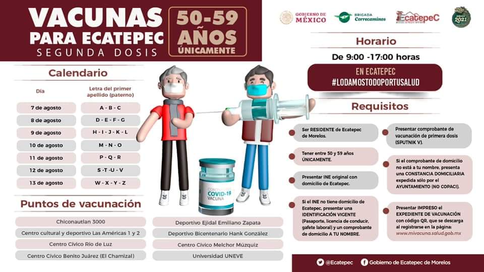 Vacunación en Ecatepec de 50 a 59 años: fechas, sedes y requisitos para  segunda dosis - Infobae