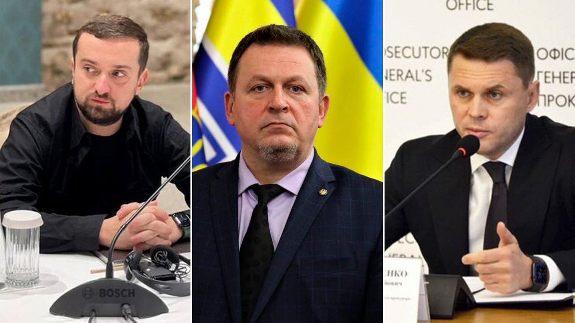 El subjefe de la oficina presidencial de Ucrania, Kyrylo Tymoshenko, el viceministro de Defensa, Viacheslav Shapovalov y el fiscal general adjunto Oleksiy Symonenko.