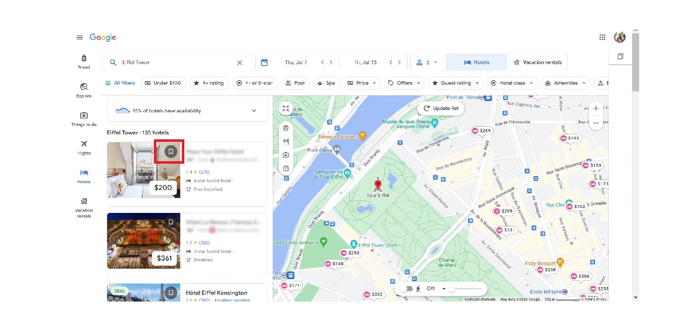 You can search for hotels by nearby points of interest and select to view later with the save icon
