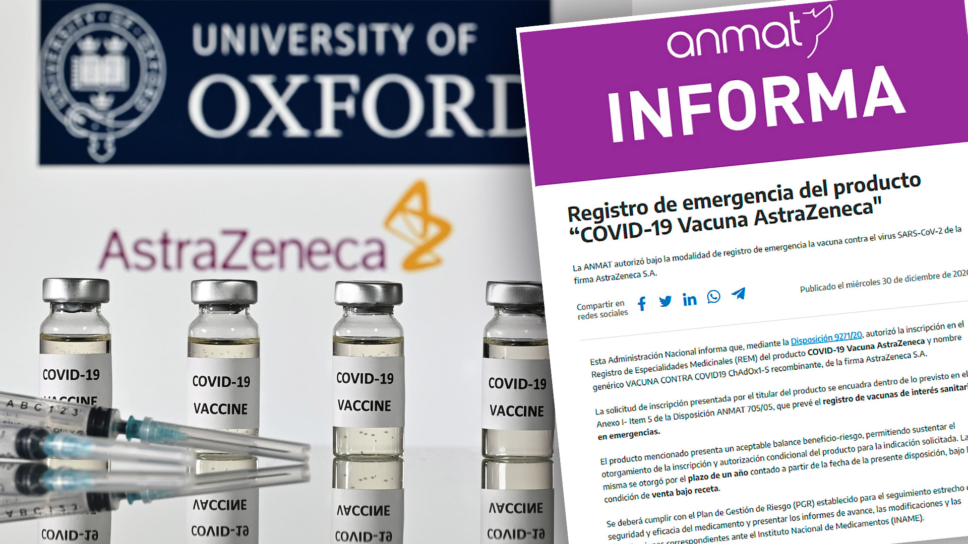 La ANMAT aprobó el uso de emergencia de la vacuna de Oxford Aztrazeneca para su aplicación en la Argentina