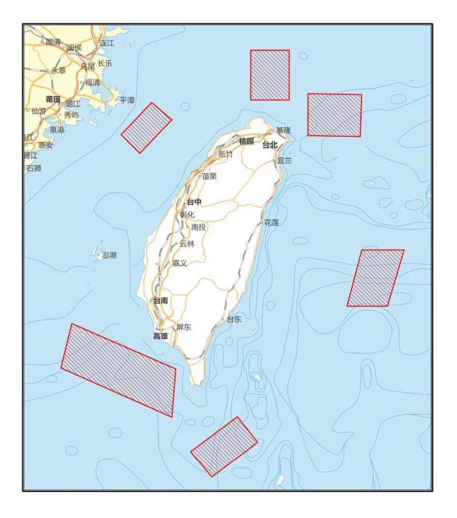El mapa de los ejercicios publicado por la agencia Xinhua. El ejército chino rodeará Taiwán durante tres días