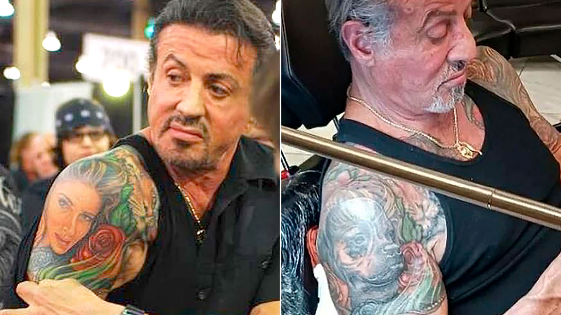 Avant et après sur l'épaule droite de Stallone : Jennifer Flavin et Butkus