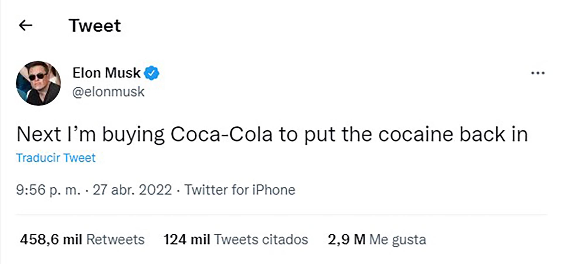 Tweet de Musk sobre Coca Cola