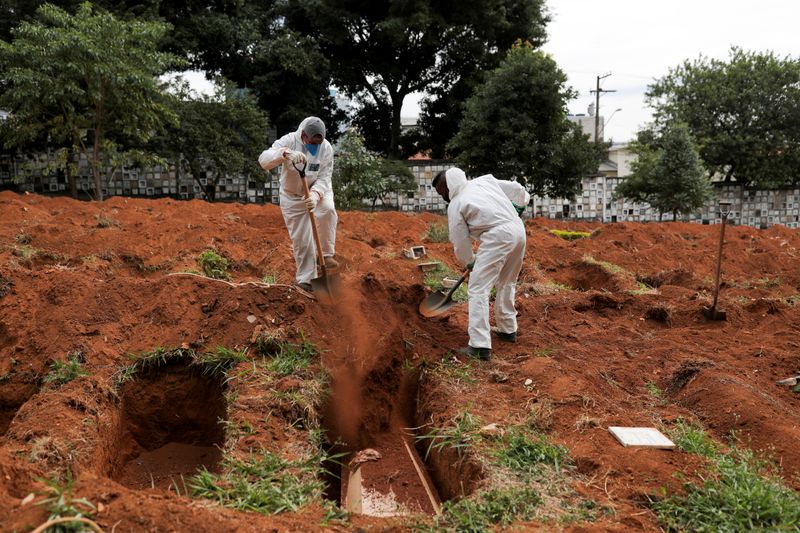 Sepultureros con trajes protectores entierran el ataúd de una persona que murió de la enfermedad por coronavirus (COVID-19), en el cementerio de Vila Formosa, el más grande de Brasil, en San Pablo [13 de mayo de 2020] (Reuters/ Amanda Perobelli)