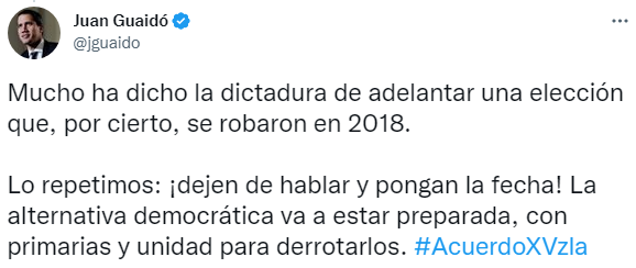 Tuit de Juan Guaidó en el que remarca la importancia de las elecciones presidenciales del 2024 (Twitter: @jguaido)