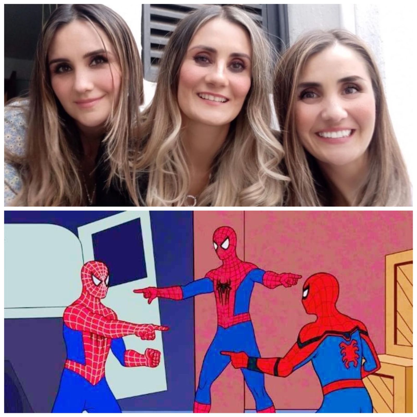 Dulce María publicó foto con sus hermanas y fueron comparadas con el meme  de Spiderman - Infobae