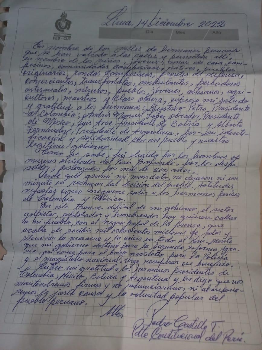Nueva carta de Pedro Castillo donde agradece a los gobiernos de Colombia, México, Argentina y Bolivia