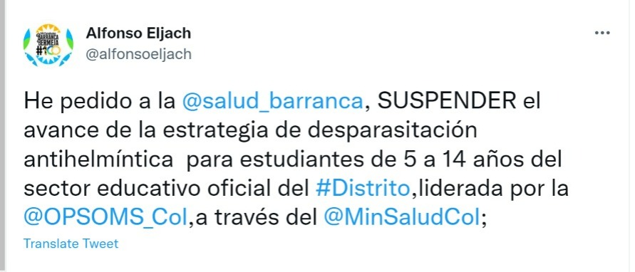 Alcalde de Barrancabermeja escribió en sus redes sociales. Foto: Twitter @alfonsoeljach